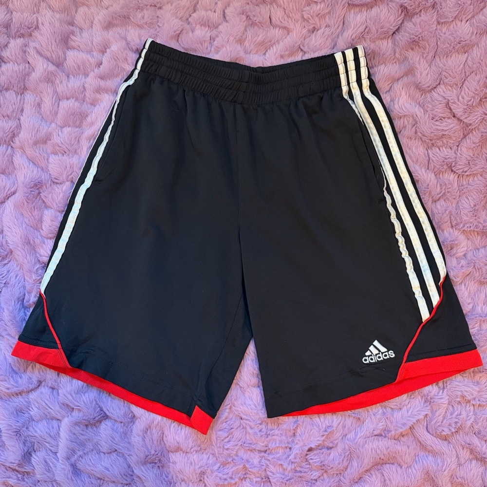 adidas Kid’s Black Athletic Shorts with Red Trim and White Stripes